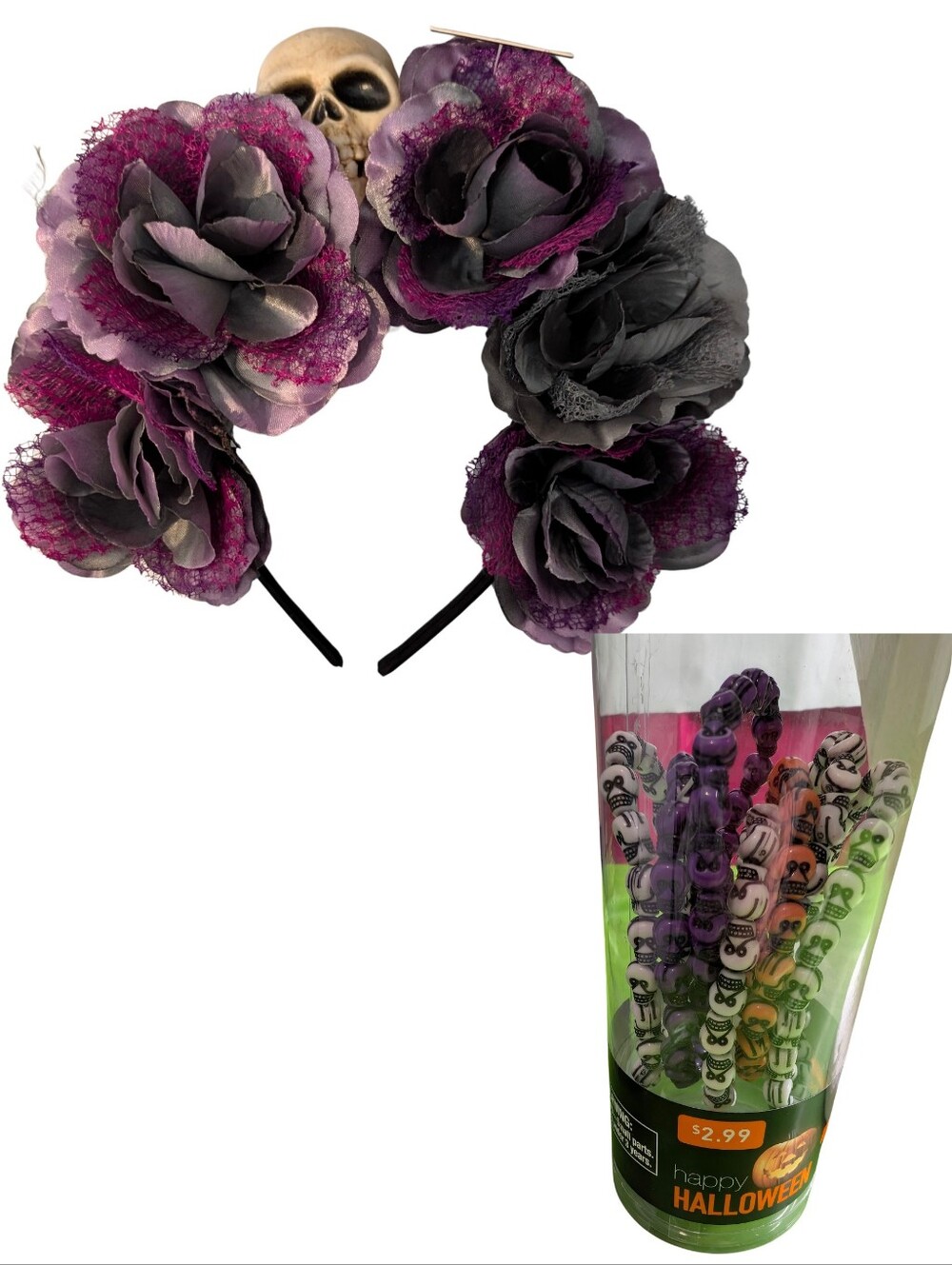 Day Of The Dead Floral Crown Headband And Miniature Skull Bracelets.
